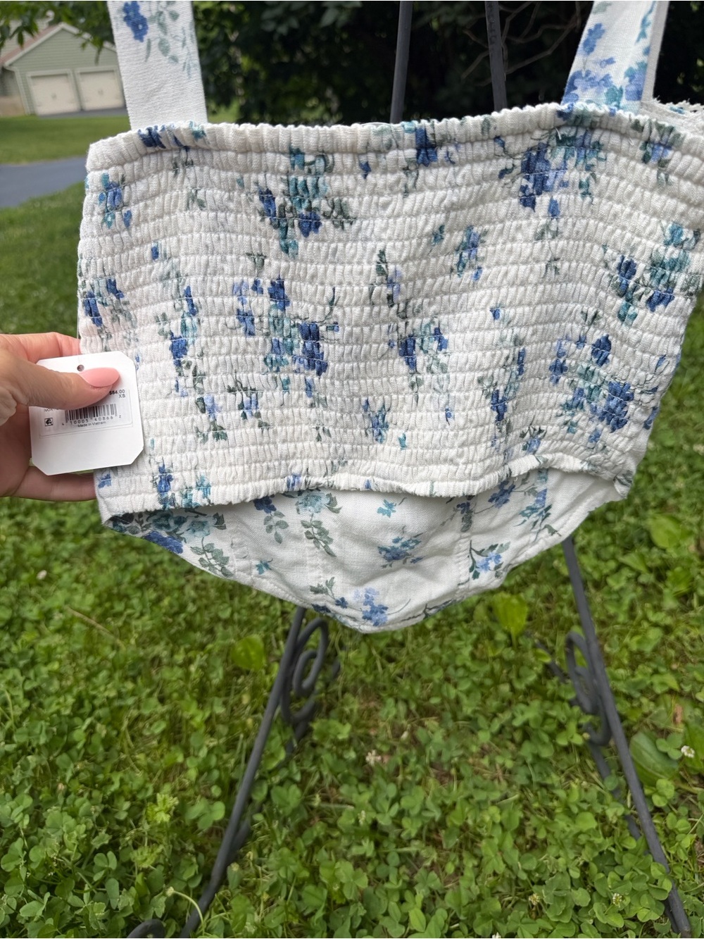 Altar’d State ~ Smocked Floral Crop Top in White with Blue Flowers NWT